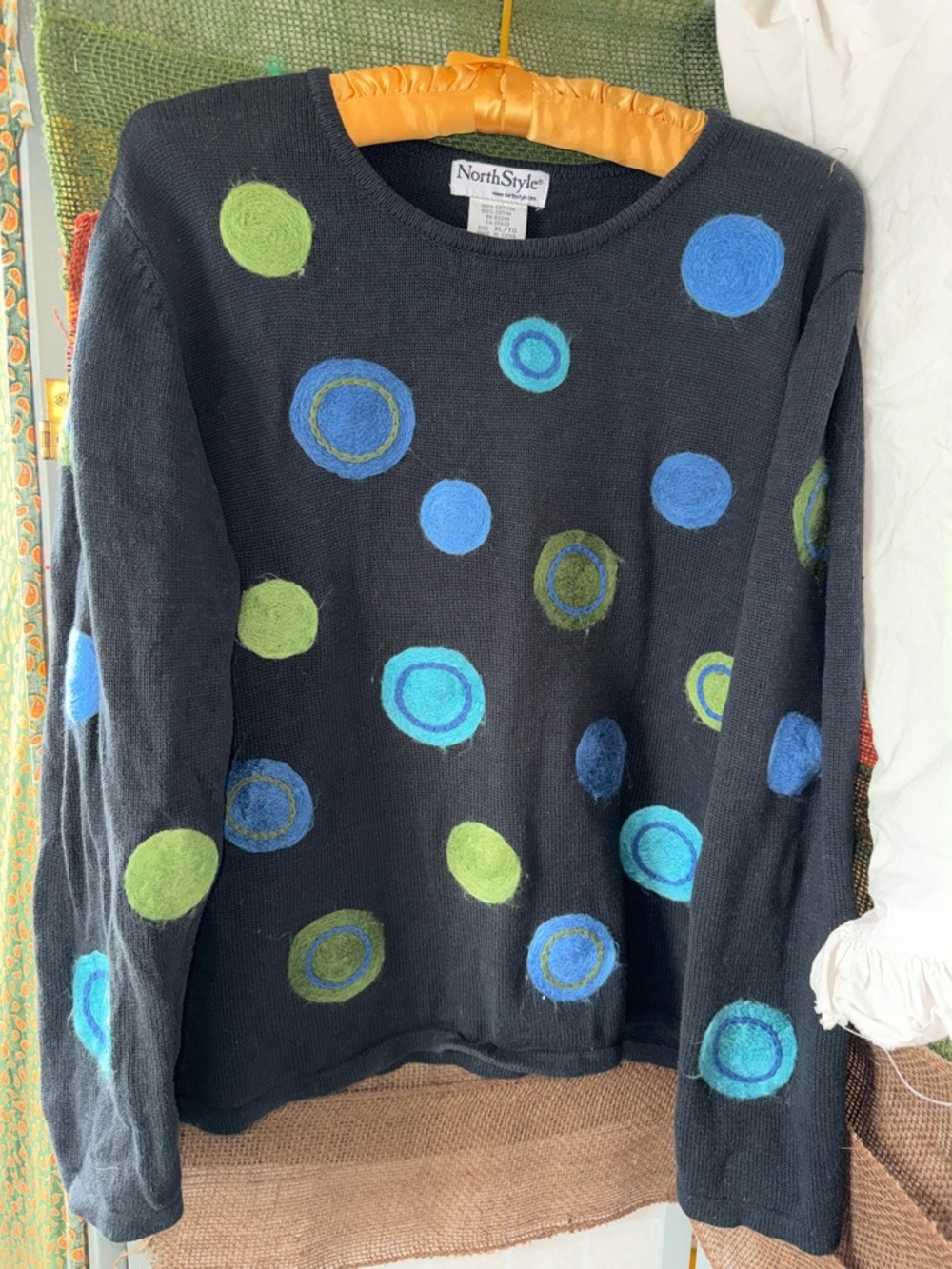 NorthStyle Black Knit Sweater with Blue & Lime Circle Appliqués